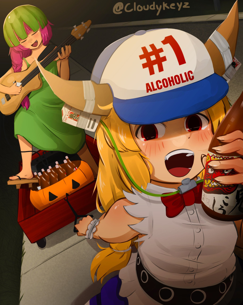 2girls beer_bottle beer_hat blonde_hair blush bocchi_the_rock! braid closed_eyes cloudykeyz commentary crossover dress geta green_dress guitar halloween halloween_bucket halloween_costume hat highres hiroi_kikuri horns ibuki_suika instrument long_hair multiple_girls oerba_yun_fang oni open_mouth pink_hair playing_guitar pulling red_eyes sandals shirt sleeveless sleeveless_shirt smile spongebob_squarepants_(series) touhou twitter_username wagon watermark white_shirt wrist_cuffs