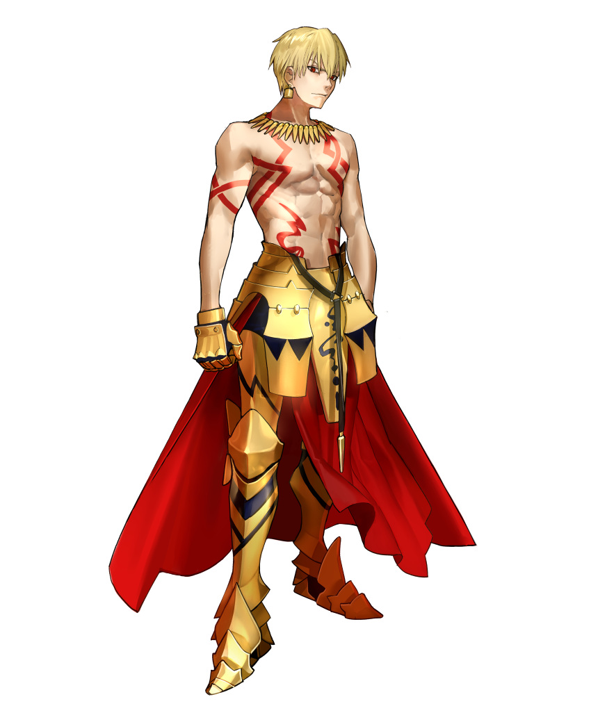 1boy abs absurdres armor armored_boots arms_at_sides blonde_hair body_markings boots cape closed_mouth earrings fate/extella fate/extra fate_(series) faulds full_body gauntlets gilgamesh_(fate) gold_armor gold_earrings hair_between_eyes highres jewelry looking_at_viewer male_focus muscular necklace official_art red_cape red_eyes short_hair simple_background slit_pupils solo standing topless_male transparent_background v-shaped_eyebrows wada_arco waist_cape