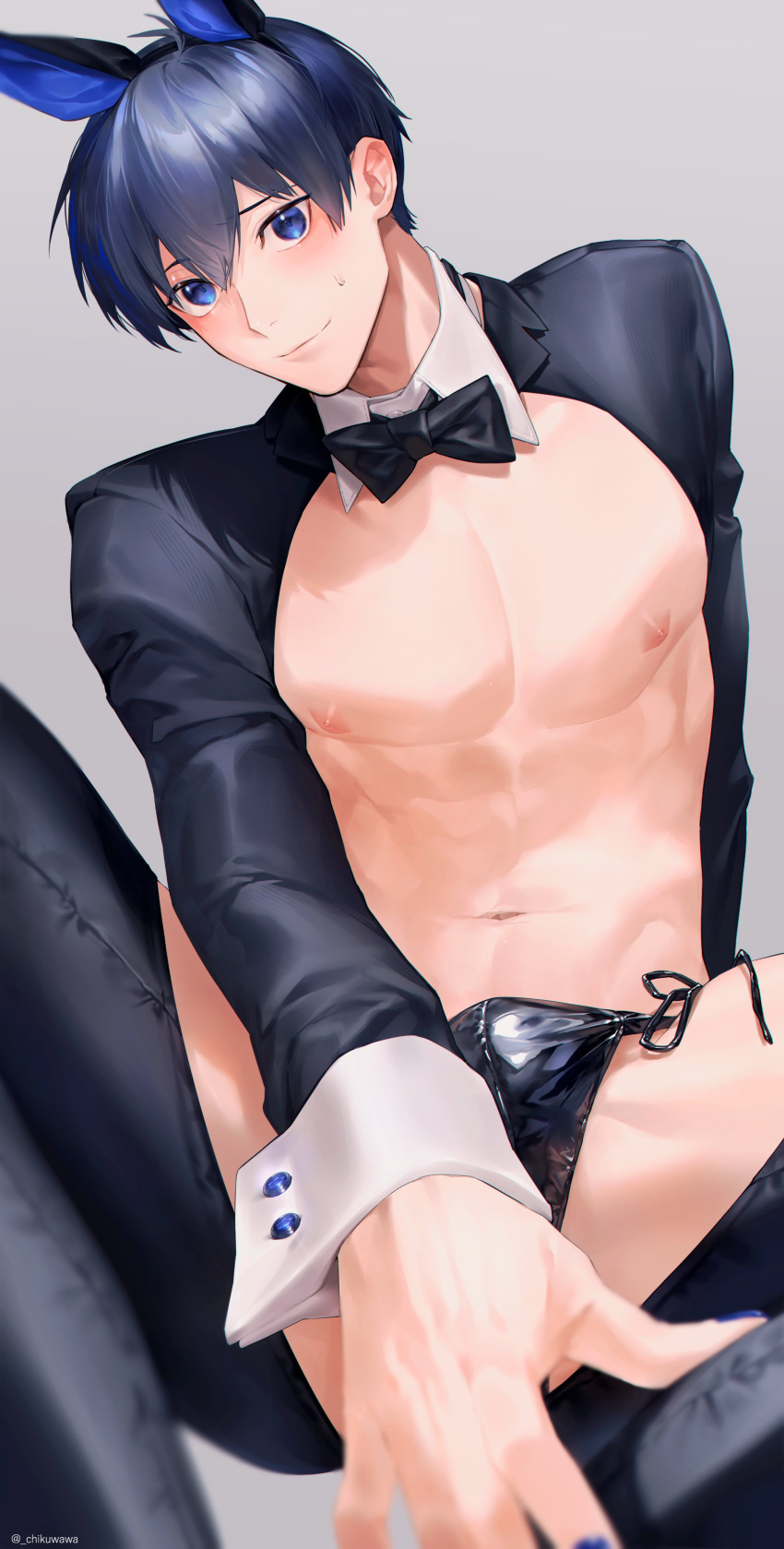 1boy absurdres animal_ears black_bow black_bowtie black_hair black_panties black_shirt black_sleeves black_thighhighs blue_lock blue_nails blush bow bowtie bulge chikuwa_(dr0603) closed_mouth fake_animal_ears highres isagi_yoichi male_focus muscular muscular_male nipples otoko_no_ko panties rabbit_ears shirt solo thighhighs underwear