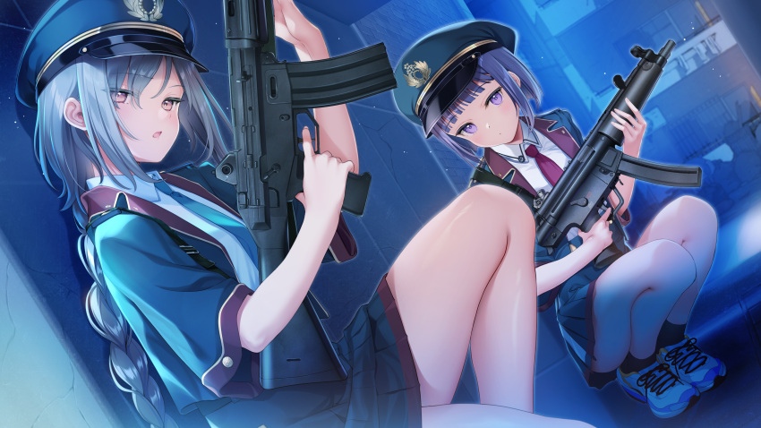 2girls absurdres against_wall assault_rifle blue_necktie blue_theme braid braided_ponytail brown_eyes collared_shirt dutch_angle expressionless game_cg grey_hair gun hat highres katagiri_yaeka long_hair looking_at_viewer mignon military_uniform miniskirt multiple_girls necktie night official_art open_mouth otome_sekai_no_arukikata peaked_cap photoshop_(medium) pleated_skirt purple_eyes purple_hair red_necktie rifle shirt shoes short_hair skirt sneakers toudou_rin weapon white_shirt