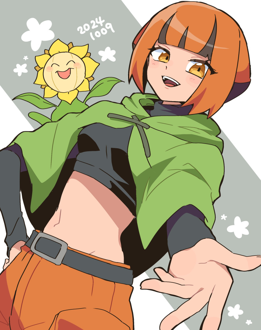 absurdres belt cloak eyelashes female green_cloak hand_on_own_hip highres midriff navel nojima_minami open_mouth orange_hair pokemon pokemon_dppt reaching reaching_towards_viewer short_hair simple_background smile sunflora teeth upper_teeth_only yellow_eyes