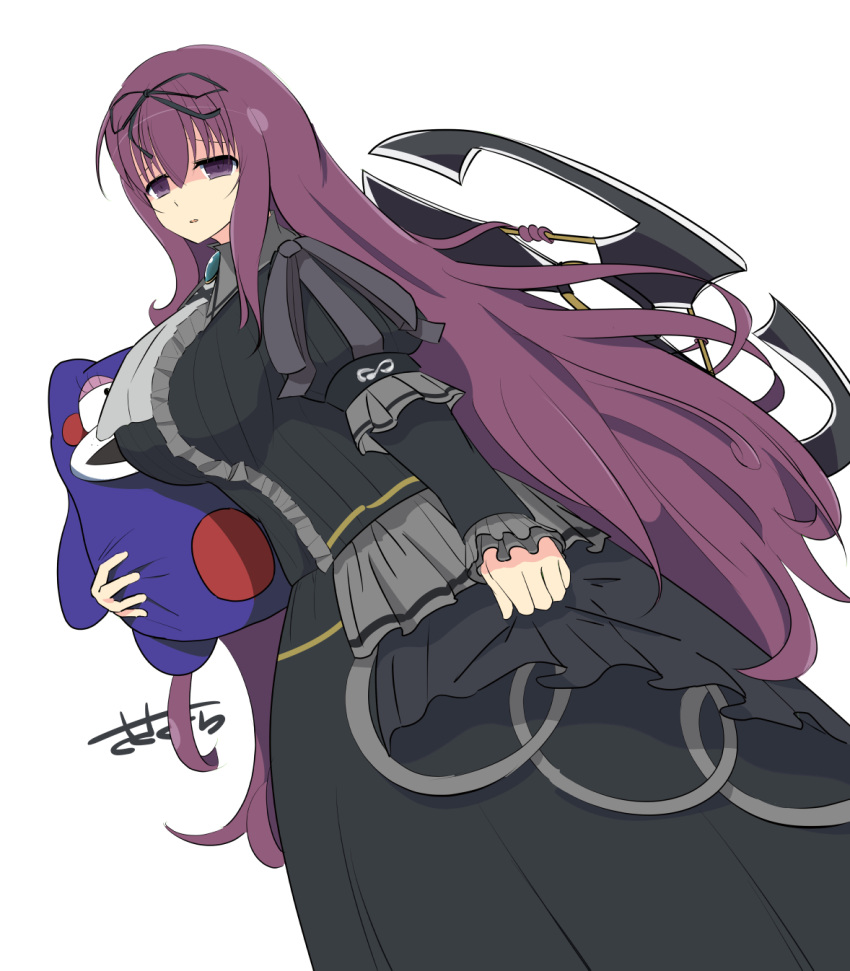 bebe-tan black_dress black_ribbon blood breasts brooch dress empty_eyes female frilled_dress frills fuuma_shuriken gold_trim hair_ribbon highres holding holding_stuffed_toy huge_breasts jewelry long_hair looking_at_viewer murasaki_(senran_kagura) prehensile_hair purple_eyes purple_hair ribbon sasakura_(jgay7435) senran_kagura shaded_face shuriken solo stuffed_animal stuffed_toy teddy_bear very_long_hair weapon white_background