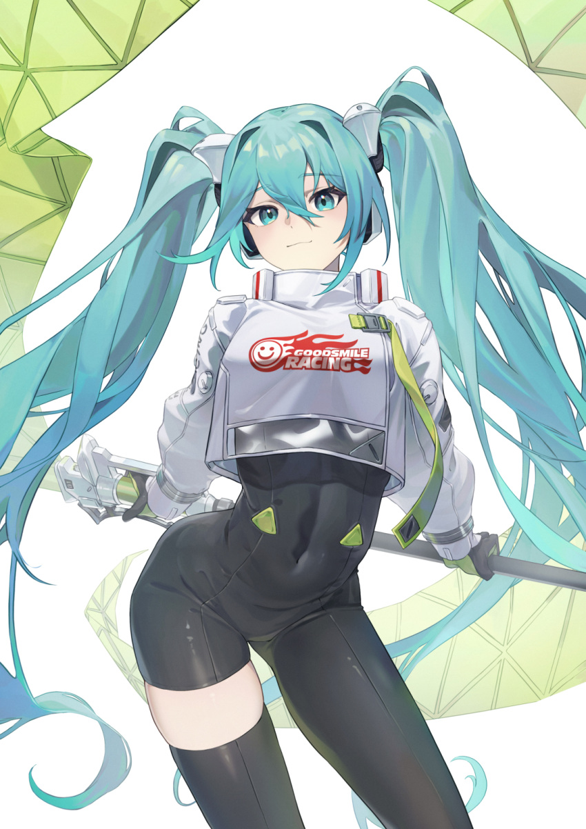 aqua_eyes aqua_hair asymmetrical_bodysuit black_bodysuit black_gloves bodysuit closed_mouth covered_navel cropped_jacket english_commentary feet_out_of_frame female gloves goodsmile_racing green_gloves hatsune_miku highres holding holding_pole jacket long_hair looking_at_viewer pole racing_miku racing_miku_(2022) single_leg_bodysuit smile solo toga_(toganawa) twintails two-tone_gloves very_long_hair vocaloid white_jacket