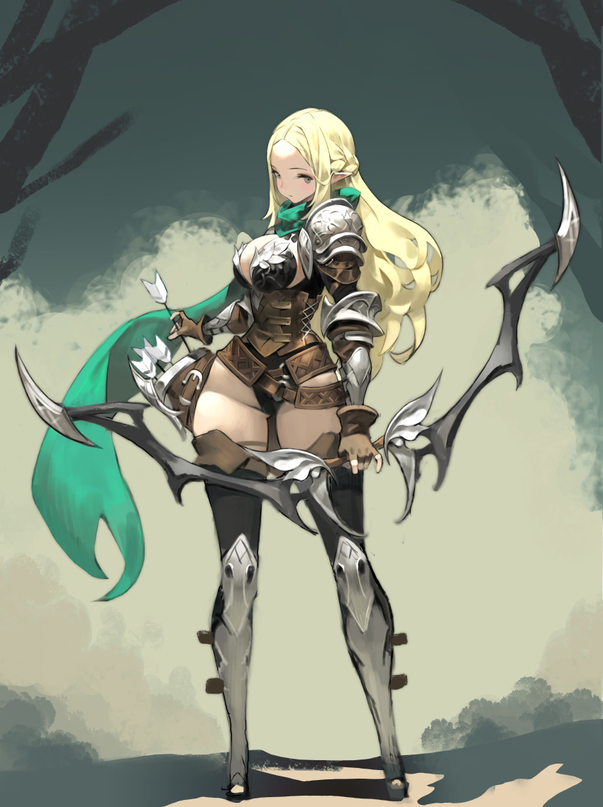 absurdres armor arowana2111 arrow_(projectile) black_leotard blonde_hair bow_(weapon) breasts brown_gloves cleavage couter english_commentary female fingerless_gloves full_body gloves greaves green_eyes green_scarf highleg highleg_leotard highres holding holding_arrow holding_bow_(weapon) holding_weapon large_breasts leotard long_hair original parted_bangs pauldrons pointy_ears quiver scarf shoulder_armor sidelocks standing strap thighhighs thighs vambraces weapon