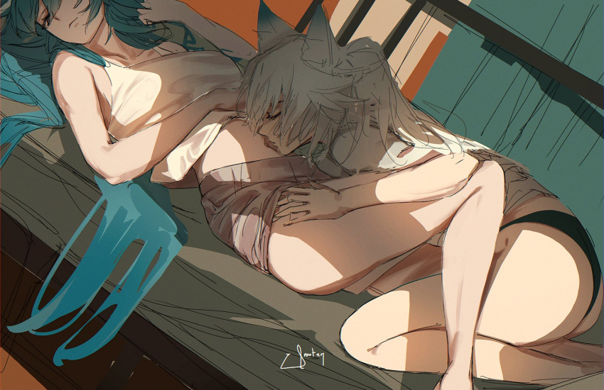 2girls animal_ears bare_arms bare_legs barefoot black_panties breasts closed_eyes closed_mouth commentary dutch_angle feixiao_(honkai:_star_rail) fox_ears green_hair hand_on_another's_thigh hashtag-only_commentary honkai:_star_rail honkai_(series) kissing_stomach long_hair medium_breasts multiple_girls panties signature tank_top umoten underwear white_hair white_tank_top yukong_(honkai:_star_rail) yuri