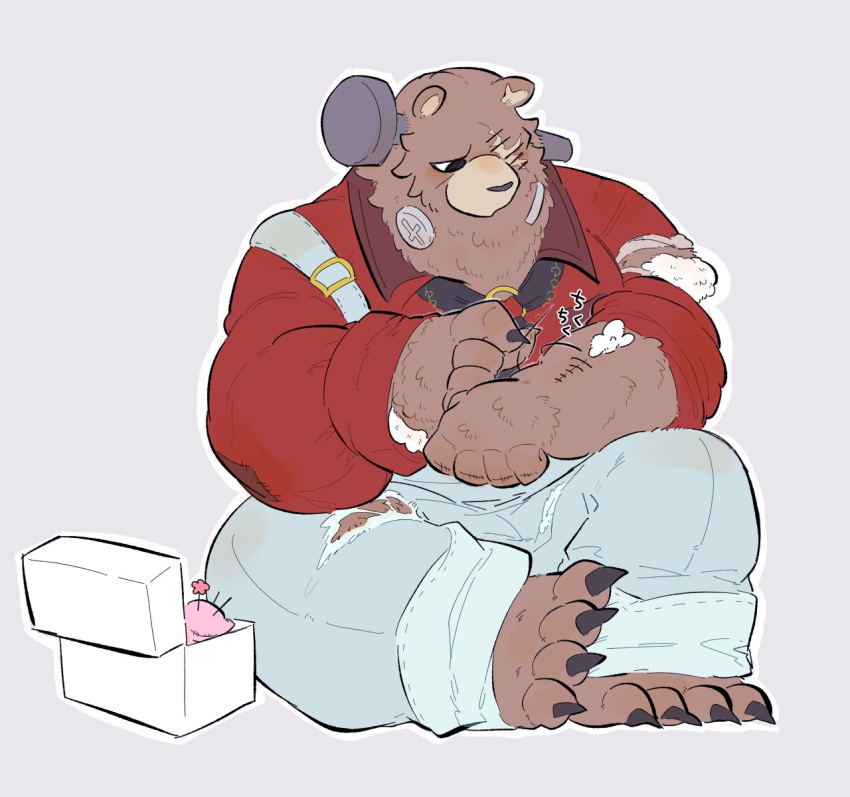 2024 anthro bear ben_bigger brown_body brown_fur claws clothing eye_scar facial_scar finger_claws frankenstein's_monster fur hi_res hinyo731887 kemono male mammal mihoyo overalls overweight overweight_male red_clothing red_shirt red_topwear scar sewing shirt sitting sitting_on_ground solo stitch_(sewing) toe_claws topwear zenless_zone_zero