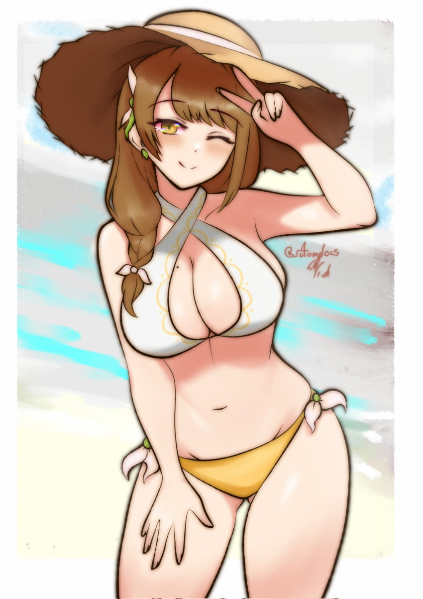 ;) alternate_costume ass_visible_through_thighs bare_shoulders bikini braid breasts brown_eyes brown_hair brown_hat cleavage closed_mouth cowboy_shot criss-cross_halter female fire_emblem fire_emblem_engage goldmary_(fire_emblem) halterneck hat highres large_breasts long_hair looking_at_viewer navel one_eye_closed rotomdocs single_braid skindentation smile solo sun_hat swimsuit twitter_username v white_bikini yellow_bikini