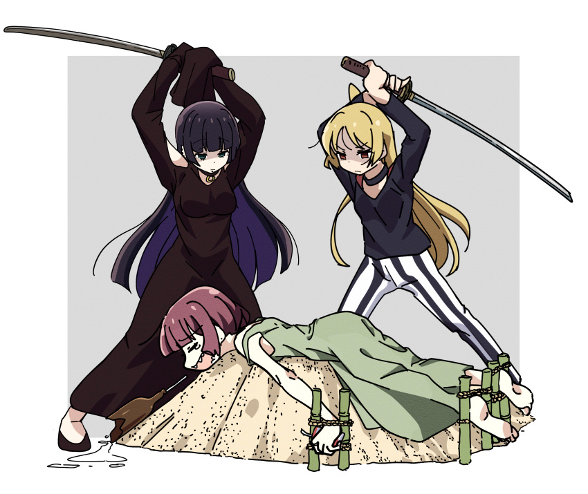 3girls absurdres ahoge bamboo barefoot black_choker black_dress black_hair black_pants black_shirt blonde_hair blue_eyes bocchi_the_rock! broken_bottle choker closed_eyes closed_mouth colored_inner_hair crying dress ear_piercing execution goumonsha green_dress highres hiroi_kikuri holding holding_sword holding_weapon ijichi_seika imminent_death katana lip_piercing long_hair long_sleeves lying multicolored_hair multiple_girls on_stomach pa-san pants piercing purple_hair red_eyes sharp_teeth shirt strap_slip striped_clothes striped_pants sword teeth weapon white_pants