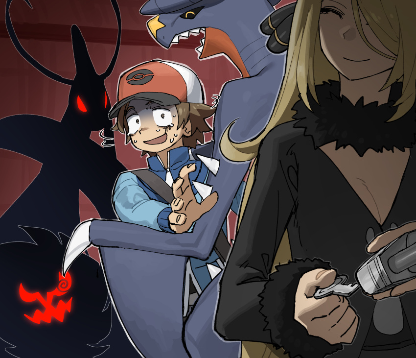 1boy ^_^ absurdres baseball_cap black_dress blonde_hair blue_jacket breasts brown_eyes brown_hair cleavage closed_eyes commentary_request cynthia_(pokemon) dress female garchomp glowing glowing_eyes hair_ornament hair_over_one_eye hat highres hilbert_(pokemon) holding holding_key jacket jeongchebulmyeongingan key korean_commentary lock long_hair long_sleeves milotic open_mouth pokemon pokemon_(creature) pokemon_bw shaded_face sharp_teeth smile spiritomb sweat tears teeth