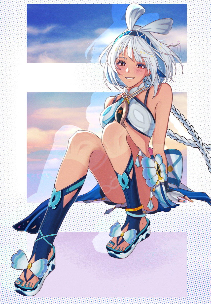 absurdres bad_anatomy bad_feet blue_hair blue_hairband blue_socks blush body_markings colored_inner_hair commentary_request dark-skinned_female dark_skin female fingerless_gloves full_body genshin_impact gloves hairband highres litatwo1o_o1 long_hair looking_at_viewer mualani_(genshin_impact) multicolored_hair red_eyes sandals sitting smile socks solo white_gloves white_hair