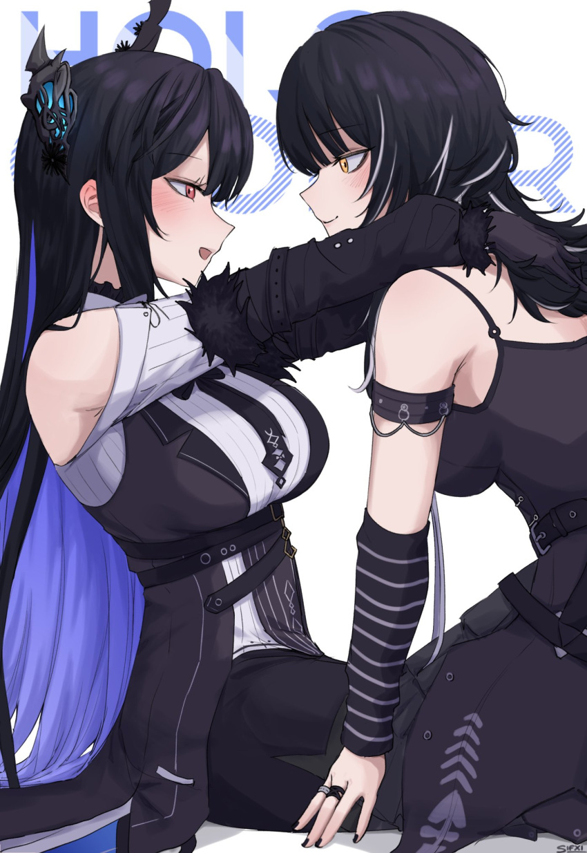 2girls arm_strap arm_warmers asymmetrical_horns black_gloves black_hair blue_hair blush breasts closed_mouth clothing_cutout collared_shirt colored_inner_hair dress_shirt ear_blush feather-trimmed_sleeves gloves highres hololive hololive_english horns jewelry long_hair long_sleeves multicolored_hair multiple_girls nerissa_ravencroft nerissa_ravencroft_(1st_costume) open_mouth red_eyes ribbed_shirt ring shiori_novella shiori_novella_(1st_costume) shirt shoulder_cutout simple_background soap_(sifxi_) uneven_horns virtual_youtuber white_shirt yellow_eyes yuri