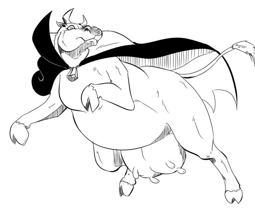 2015 all_fours belly bovid bovine cape cape_only cattle clothing cowbell fangs female feral head_turned hellcow hooves horn looking_at_viewer mammal marvel monochrome mostly_nude nude overweight overweight_female overweight_feral pose reagan700 slightly_chubby slightly_chubby_female slightly_chubby_feral solo tail tail_tuft teats teeth tuft udders vampire