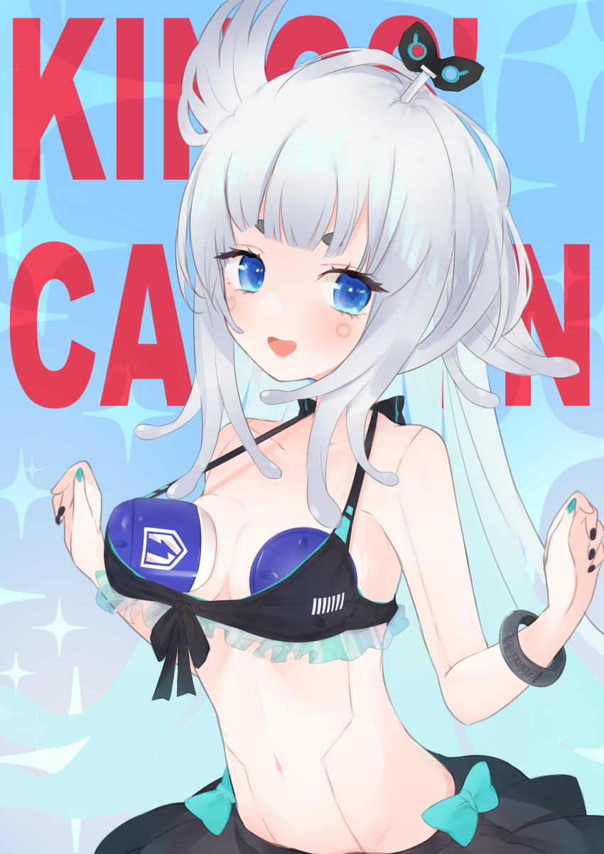 absurdres and_uge android apex_legends battery bikini black_bikini blue_background blue_eyes blush breasts circle_facial_mark cleavage commentary_request female frilled_bikini frills grey_hair highres irisu-chan_(yumemiruk) joints long_hair nanashi_inc. navel open_mouth robot_joints small_breasts smile solo swimsuit upper_body v_ap_art virtual_youtuber winding_key