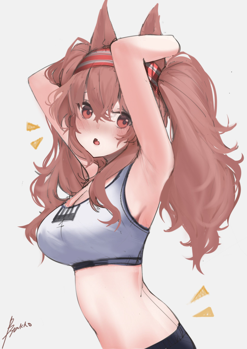 ^^^ angelina_(arknights) angelina_(arknights)_(cosplay) angelina_(sports)_(arknights) animal_ears arknights armpits arms_up black_shorts blush breasts cleavage cosplay dot_nose english_commentary female fourtwelve fox_ears hair_between_eyes hair_intakes hairband hands_on_own_head highres long_hair looking_at_another midriff official_alternate_costume open_mouth red_eyes red_hairband shorts signature simple_background solo sports_bra striped_clothes striped_hairband twintails upper_body white_background white_sports_bra