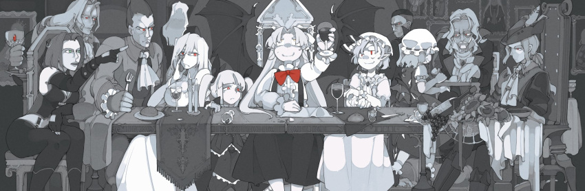 5girls 6+boys alcohol alucard_(castlevania) ankle_socks arcueid_brunestud arm_on_table arm_warmers ascot bare_shoulders bat_wings beard blazblue blue_sky blunt_bangs bolos boots bow bowtie breasts candle castlevania_(series) center_frills center_opening chalice character_request cleavage closed_mouth collared_shirt commentary copyright_request crossover crystal_wings cup dark-skinned_male dark_skin darkstalkers demitri_maximoff demon_wings detached_sleeves dining_room dress drink drinking_glass english_commentary facial_hair fangs fangs_out feet_out_of_frame fingerless_gloves fire flandre_scarlet flower food fork formal_clothes frilled_shirt frilled_shirt_collar frilled_skirt frilled_sleeves frilled_socks frills fringe_trim from_behind full_body gloves greyscale grin hair_between_eyes hair_spread_out hairbow hand_on_table hat hat_feather hat_ribbon high_collar highres holding holding_drink holding_fork indoors knee_boots kurumi_(touhou) large_breasts leggings long_dress long_hair long_skirt long_sleeves looking_at_another meat medium_skirt midriff mob_cap monochrome moustache multiple_boys multiple_crossover multiple_girls napkin old old_man on_chair orange_eyes parted_bangs plate pleated_skirt pointing pointy_ears puffy_short_sleeves puffy_sleeves rachel_alucard red_bow red_bowtie red_eyes remilia_scarlet ribbon ribbon-trimmed_headwear ribbon_trim shirt shoes short_hair short_sleeves siblings side_ponytail sideburns sisters sitting skirt skirt_set sky sleeve_bow sleeveless sleeveless_shirt smile socks species_connection spill spot_color spread_wings sunflower suspender_skirt suspenders touhou touhou_(pc-98) tsukihime twintails vampire very_long_hair wine wine_glass wings