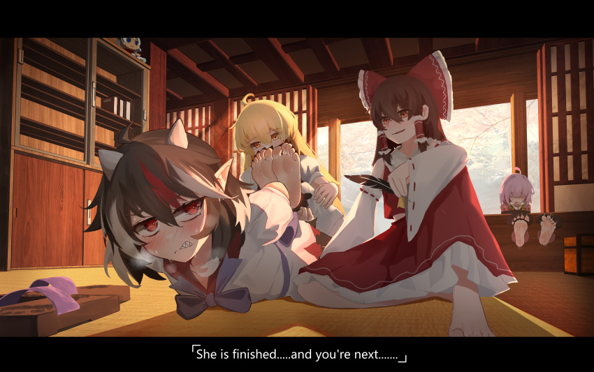 absurdres barefoot bondage bondage bound brown_hair hakurei_reimu highres jager kijin_seija kirisame_marisa long_toenails red_eyes sukuna_shinmyoumaru sweat tickling toenails toes touhou