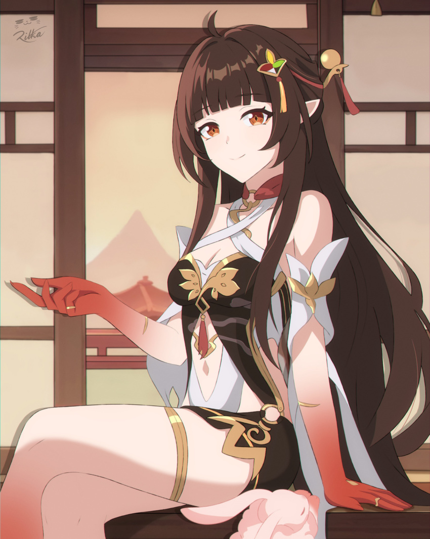 absurdres ahoge arm_support blunt_bangs breasts brown_eyes cleavage clothing_cutout criss-cross_halter crossed_legs diamond-shaped_pupils diamond_(shape) female from_side hair_ornament halterneck hand_up highres hime_cut honkai:_star_rail honkai_(series) jewelry lingsha_(honkai:_star_rail) long_hair looking_at_viewer looking_to_the_side medium_breasts navel o-ring pinky_ring pointy_ears rabbit seasonanimes sidelocks sitting smile symbol-shaped_pupils tassel thighlet very_long_hair