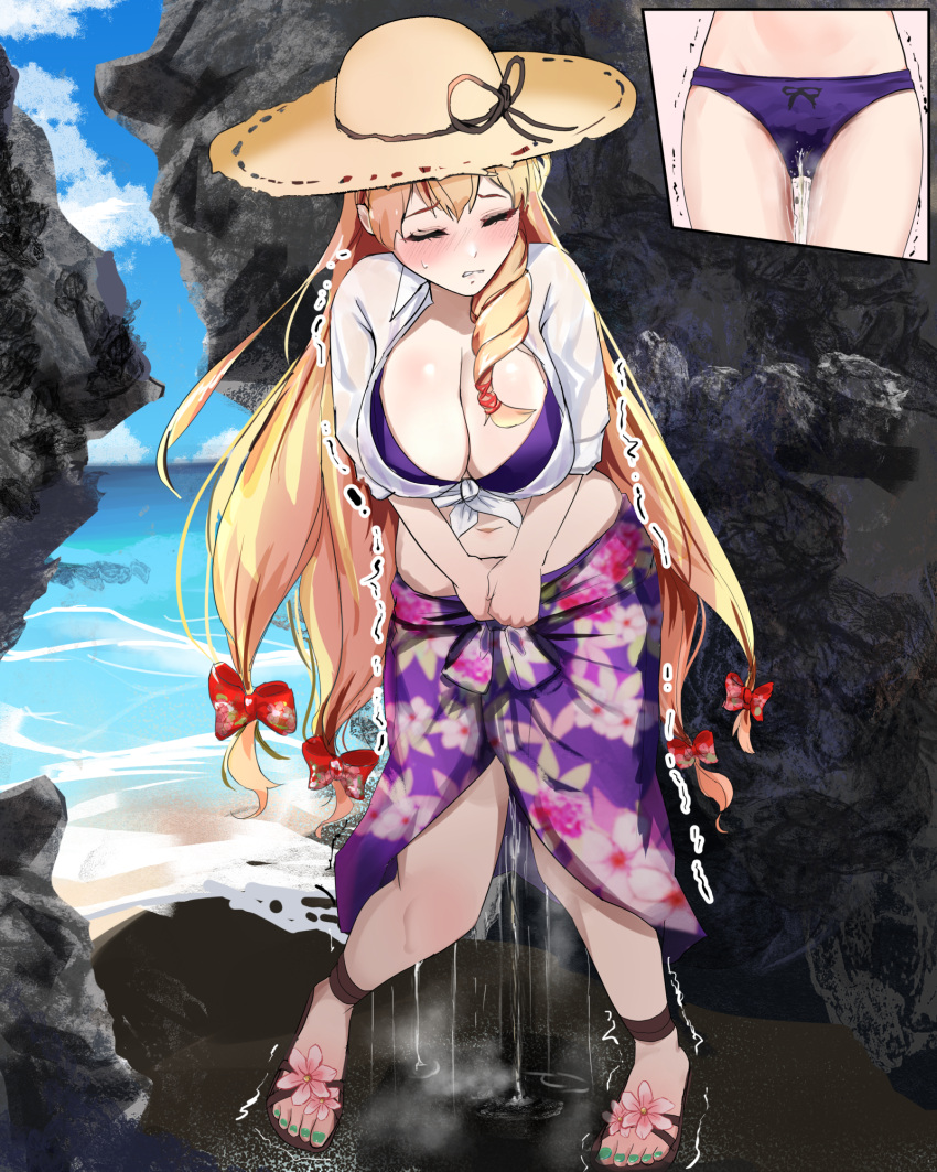 alternate_costume alternate_hairstyle bikini blonde_hair blue_sky blush breasts cleavage drill_hair drill_sidelocks embarrassed female floral_print full_body green_nails hat highres long_hair michinoku_(michino934) ocean outdoors panties peeing peeing_self purple_bikini purple_panties purple_sarong rock sarong shirt sidelocks sky solo standing sun_hat swimsuit tied_shirt touhou touhou_lostword underwear white_shirt yakumo_yukari yakumo_yukari_(boundary_of_sand_and_sea) yellow_eyes