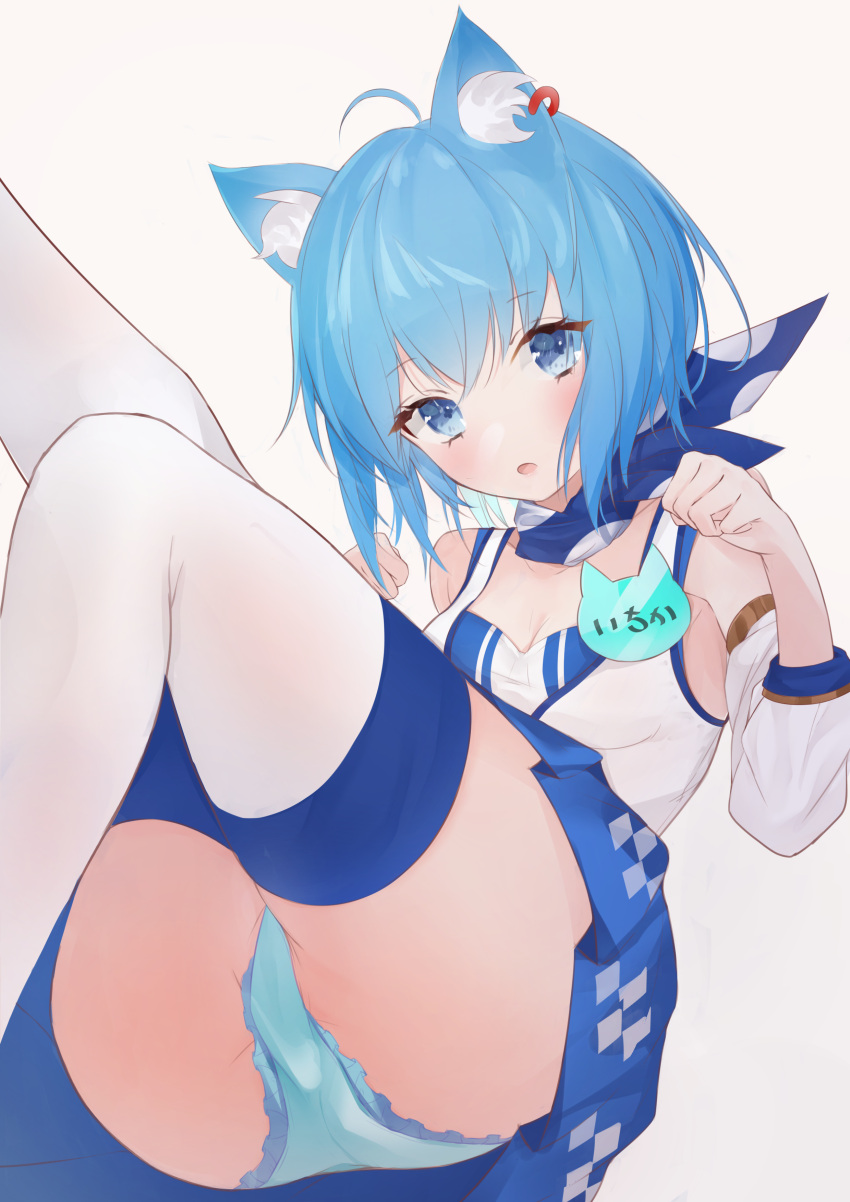 absurdres ahoge animal_ears animare blue_dress blue_eyes blue_hair blue_panties blue_scarf blue_thighhighs breasts cleavage commentary_request detached_sleeves dog_ears dog_girl dress feet_out_of_frame female highres irisu-chan_(yumemiruk) looking_at_viewer medium_breasts name_tag nanashi_inc. open_mouth panties polka_dot polka_dot_scarf scarf short_hair simple_background sleeveless sleeveless_dress solo solo_focus souya_ichika souya_ichika_(1st_costume) thighhighs two-tone_thighhighs underwear vest virtual_youtuber white_background white_sleeves white_thighhighs white_vest