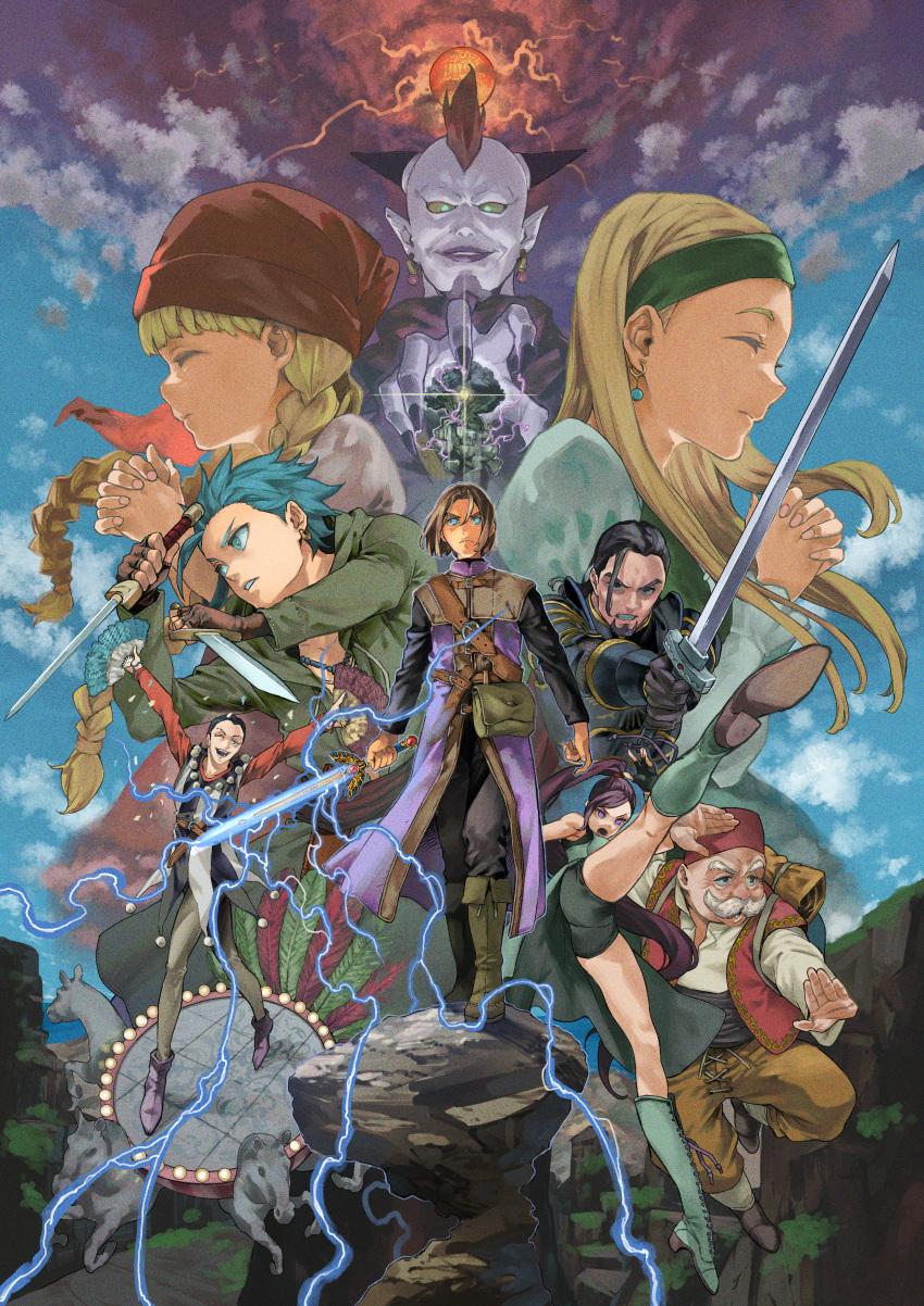 3girls 6+boys absurdres armor black_armor black_gloves black_hair black_shorts blonde_hair blue_hair boots braid brown_gloves brown_hair camus_(dq11) clenched_teeth closed_eyes colored_sclera colored_skin commentary dagger demon_boy dragon_quest dragon_quest_xi dual_wielding earrings erdrick's_sword everyone facial_hair fighting_stance fingerless_gloves fingernails floating_clothes floating_hair gloves glowing glowing_eyes gold_earrings green_footwear green_hairband green_tunic greig_(dq11) hair_slicked_back hairband hand_fan hat hero_(dq11) high_ponytail highres holding holding_dagger holding_fan holding_knife holding_sword holding_weapon hoop_earrings horns jewelry juliet_sleeves kicking knife knight lightning long_hair long_sleeves low_twin_braids martina_(dq11) matsuura_kento medium_hair mohawk moustache multiple_boys multiple_girls old old_man one_eye_closed open_mouth own_hands_together parted_hair pointy_ears profile puffy_sleeves purple_eyes purple_hair purple_lips red_hair red_hat red_vest row_(dq11) senya_(dq11) sharp_fingernails shorts spiked_hair sword sylvia_(dq11) teeth tunic twin_braids urnoga veronica_(dq11) vest weapon white_facial_hair white_hair white_skin yellow_sclera yggdrasil