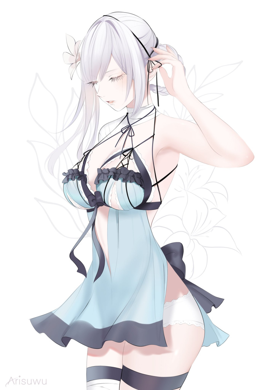 707arisu artist_name breasts closed_eyes eyelashes flower hair_flower hair_ornament highres kaine_(nier) large_breasts lingerie long_hair negligee nier nier_(series) panties parted_bangs parted_lips simple_background standing underwear white_background white_flower white_hair white_panties