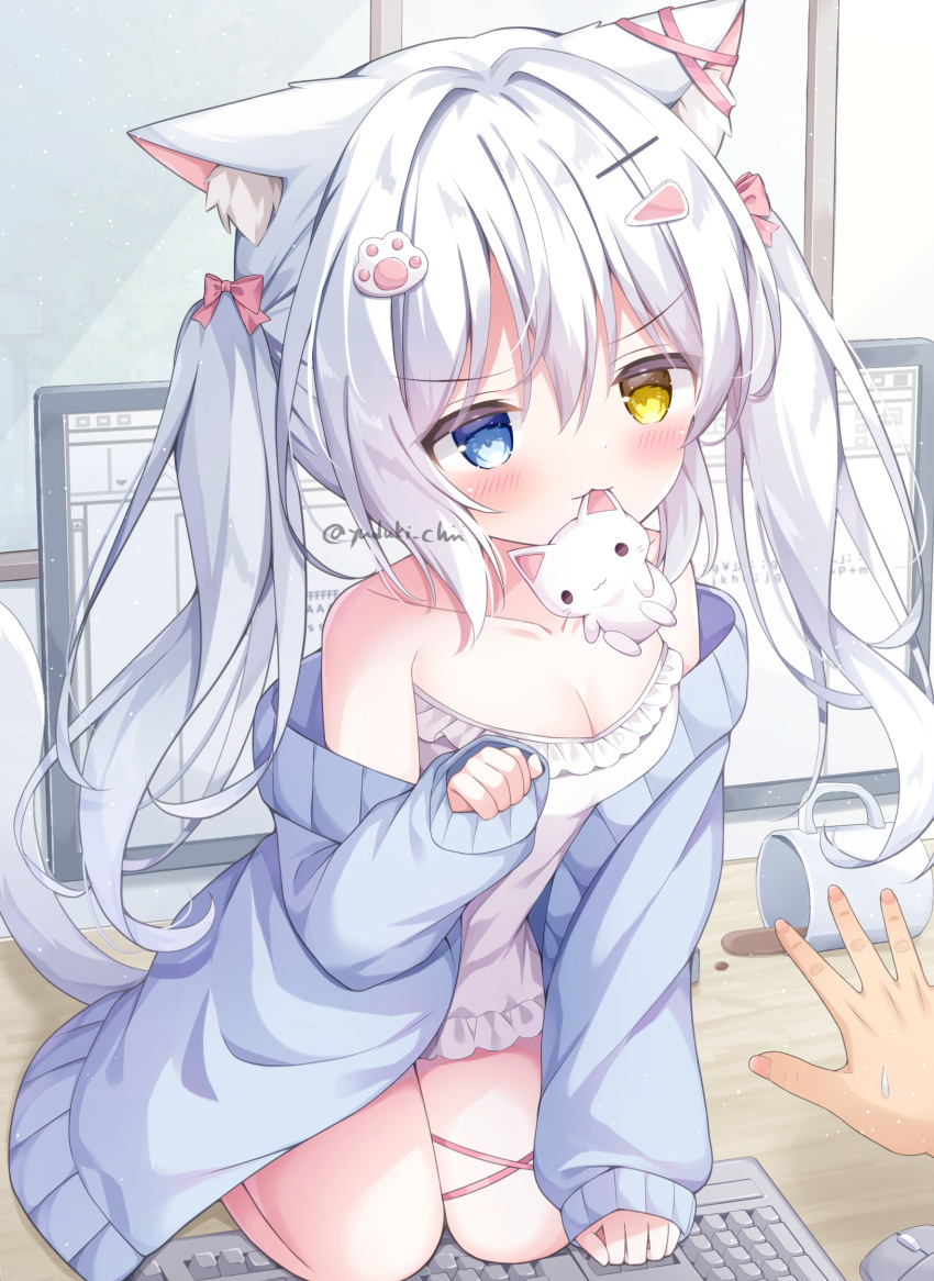 absurdres animal_ear_fluff animal_ears bare_shoulders blush breasts cat_ears cat_hair_ornament cat_on_keyboard cat_tail cleavage collarbone female hair_ornament hair_ribbon heterochromia highres jacket lingerie lolicon open_clothes open_jacket original ribbon side_ponytail stuffed_animal stuffed_toy tail thighs underwear white_hair yuduki_pdx