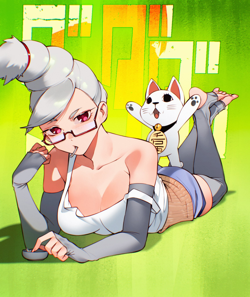 ashtray ayase_seiko beehive_hairdo blue_shorts breasts cesar_art456 cigarette cleavage commentary copyright_name dandadan detached_sleeves english_commentary feet feet_up feline female glasses green_background grey_hair grey_thighhighs haramaki highres large_breasts looking_at_viewer lying mature_female mouth_hold no_shoes on_stomach parted_lips red-framed_eyewear red_eyes semi-rimless_eyewear shorts smoking solo stirrup_legwear strap_slip tall_hair tank_top the_pose thighhighs toeless_legwear toes turbo_granny under-rim_eyewear white_tank_top