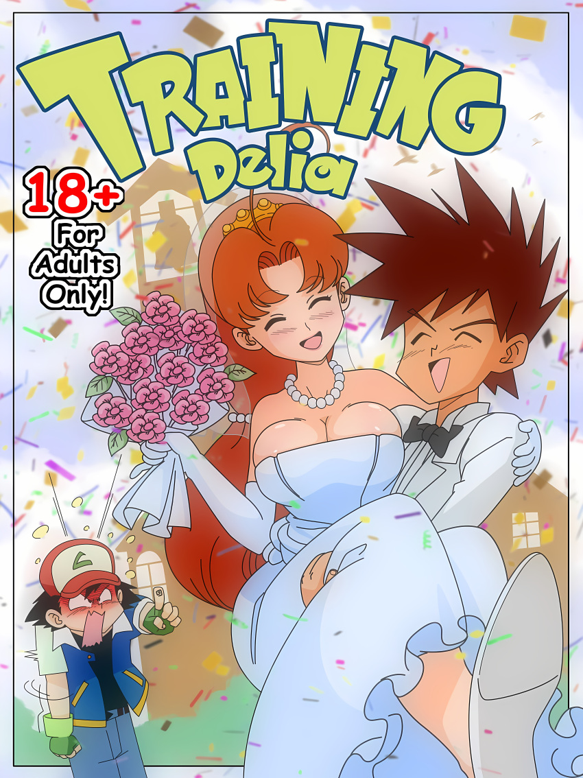 1girl2boys 2boys angry_face big_breasts blush botbot carrying_partner cheating_mother cheating_wife comic cover_page delia_ketchum_(pokemon) female flowers_in_hand gary_oak high_res jealous just_married married_couple mature_female mature_woman milf mother pearl_necklace people_in_background person_in_background pokemon pokemon_(series) satoshi_(pokemon) smile smiling wedding_dress