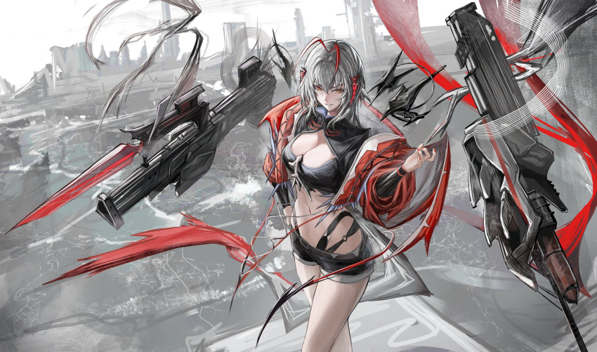 antenna_hair antennae arknights black_shorts breasts building city cleavage cleavage_cutout closed_mouth clothing_cutout crop_top cropped_jacket demon_girl demon_horns demon_tail female floating floating_object floating_weapon from_above grenade_launcher grey_hair grin gun hand_on_own_hip hashtag-only_commentary highres horns jacket large_breasts medium_hair nail_polish navel open_clothes open_jacket orange_eyes outdoors red_horns red_jacket red_nails red_wann short_shorts shorts skyscraper smile solo standing stomach tail w_(arknights) water weapon