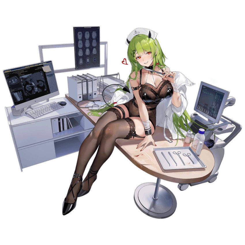 ankle_cuffs arm_out_of_sleeve arm_support bandaged_arm bandages bare_shoulders binder black_choker black_footwear black_leotard black_thighhighs blood bow bracelet breasts choker cleavage computer_keyboard computer_mouse cuffs demon_horns demon_tail earrings faux_figurine female full_body garter_straps girls'_frontline green_hair grin hair_ornament hairbow hand_up hat heart heart-shaped_pupils high_heels highres holding holding_scalpel horns jewelry lab_coat lace-trimmed_thighhighs lace_trim large_breasts leotard letter_hair_ornament long_hair looking_at_viewer medicine_bottle mk48_(culprit_of_love-sickness)_(girls'_frontline) mk48_(girls'_frontline) monitor nurse_cap o-ring_arm_strap official_alternate_costume official_art on_table pen red_bow red_eyes red_nails scalpel scar scar_on_arm simple_background sitting smile stethoscope stool surgical_scissors symbol-shaped_pupils table tail teasing teeth thighhighs third-party_source transparent_background tray white_hat x-ray_film yoyo_(550098)