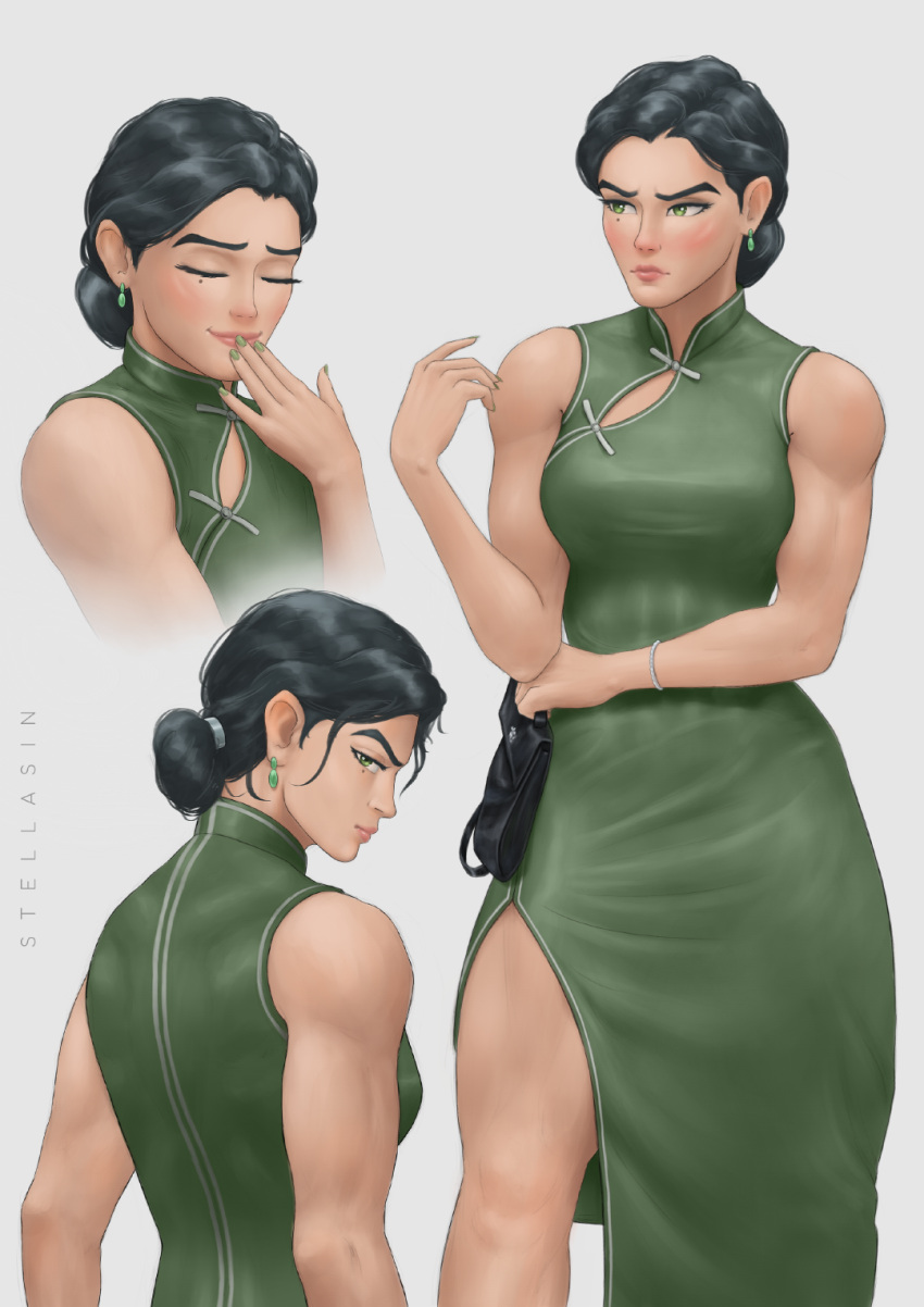 arm_under_breasts artist_name avatar_legends black_hair braid breasts chinese_clothes closed_eyes dress female from_side green_dress green_nails highres kuvira long_hair medium_breasts mole mole_under_eye multiple_views simple_background stellasin the_legend_of_korra white_background