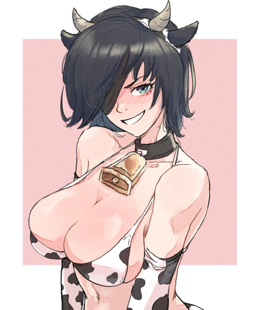 absurdres animal_ears animal_print bell bikini black_hair breasts chainsaw_man cleavage cow_ears cow_horns cow_print cow_print_bikini cow_print_gloves cowbell elbow_gloves english_commentary eyepatch fake_animal_ears fake_horns female gloves grey_eyes grin highres himeno_(chainsaw_man) horns large_breasts navel neas57 print_bikini print_gloves short_hair smile solo swimsuit