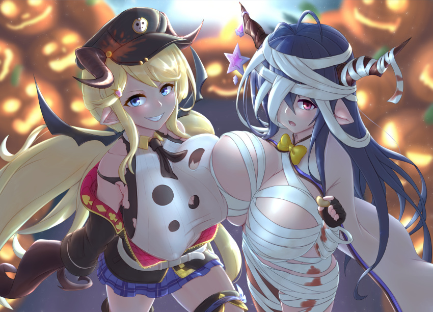 2girls antenna_hair bandage_over_one_eye bandaged_arm bandaged_head bandaged_leg bandages bare_shoulders black_gloves black_hair black_jacket blonde_hair blue_eyes blue_skirt bow bowtie breast_press breasts cleavage cleavage_cutout clothing_cutout cowboy_shot cream_cod danua draph fingerless_gloves gloves granblue_fantasy grin hair_between_eyes hallessena halloween halloween_costume hat highres horn_ornament horns jack-o'-lantern jacket large_breasts long_hair looking_at_viewer miniskirt multiple_girls off_shoulder open_clothes open_jacket open_mouth peaked_cap plaid_clothes plaid_skirt pleated_skirt pointy_ears red_eyes shirt skirt sleeveless sleeveless_shirt smile star_(symbol) thighhighs yellow_bow yellow_bowtie