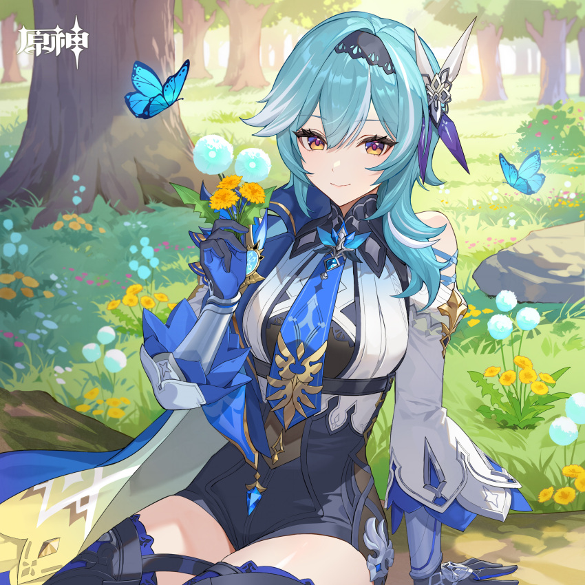 absurdres arm_support bare_shoulders black_hairband black_shorts black_thighhighs blue_hair blue_necktie bug butterfly chinese_commentary clothing_cutout commentary_request dandelion eula_(genshin_impact) female flower genshin_impact gloves grass hairband hand_up high-waist_shorts highres holding holding_flower long_hair long_sleeves looking_at_viewer necktie official_art outdoors shirt short_shorts shorts shoulder_cutout sitting solo thighhighs thighs tree white_shirt yellow_eyes