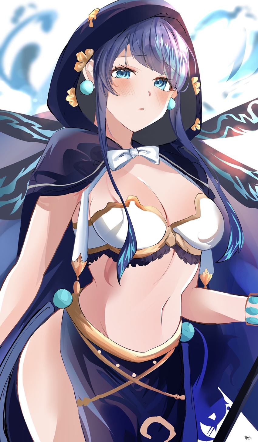 arabian_clothes bad_id bad_pixiv_id blue_cloak blue_eyes blue_hair breasts cleavage cloak closed_mouth commentary_request earrings female highres jewelry long_hair looking_at_viewer navel ningyo_hime_(sinoalice) partial_commentary simple_background sinoalice solo strapless suimo_(suimodayo) tube_top white_background