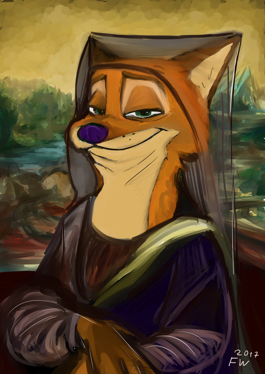 2017 absurd_res anthro biped brown_body brown_fur canid canine clothed clothing crossed_arms digital_media_(artwork) digital_painting_(artwork) disney fox fully_clothed fur green_eyes half-length_portrait headgear headwear hi_res inspired_by_formal_art looking_at_viewer mammal mona_lisa_(artwork) murlik nick_wilde portrait purple_nose red_fox sitting smile solo true_fox zootopia