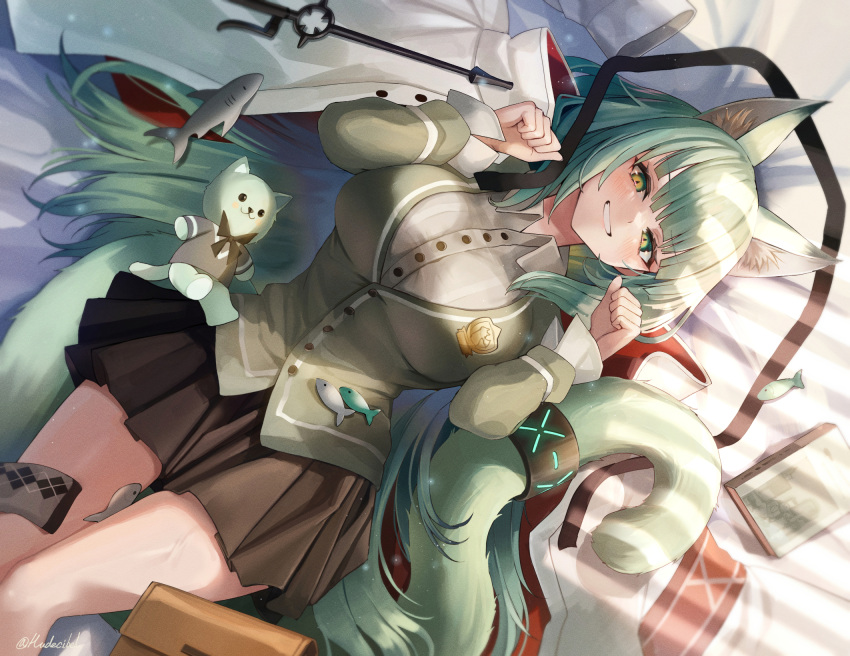 animal_ears aqua_hair arknights bag bed beruko14 blazer breasts cat_ears cat_tail cowboy_shot female green_eyes grin handbag harmonie_(arknights) highres indoors infection_monitor_(arknights) jacket large_breasts long_hair long_sleeves looking_at_viewer lying miniskirt on_back paw_pose pleated_skirt shark skirt smile solo stuffed_animal stuffed_toy sunlight tail tail_ornament unworn_cloak very_long_hair wide_hips