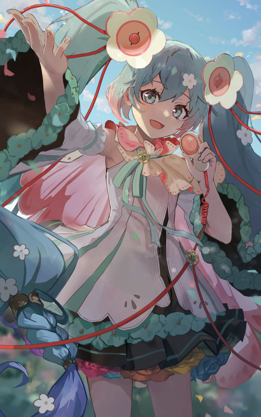 absurdres aqua_eyes aqua_flower aqua_hair aqua_ribbon armpits black_skirt blue_flower blue_hair blurry blurry_background braid cable cape commentary cowboy_shot day detached_sleeves dress female flower flower_underskirt hair_flower hair_ornament hand_up hatsune_miku highres holding holding_microphone long_hair looking_at_viewer magical_mirai_(vocaloid) magical_mirai_miku magical_mirai_miku_(2021) medallion microphone neck_ribbon orange_flower outdoors purple_flower red_flower ribbon saz8720 skirt sleeveless sleeveless_dress smile solo speaker standing twin_braids twintails very_long_hair vocaloid white_cape white_dress white_sleeves yellow_flower