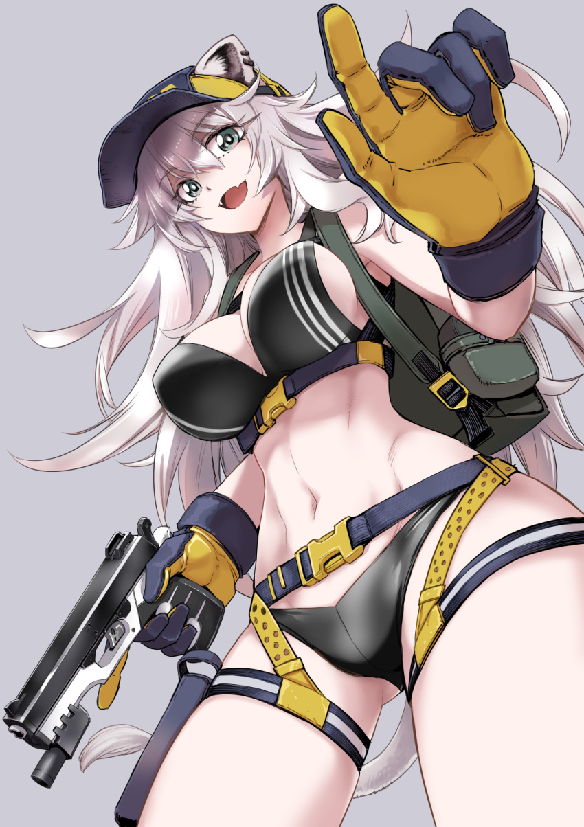 adapted_costume alternate_costume animal_ears baseball_cap bikini black_bikini breasts female gloves grey_eyes grey_gloves grey_hair gun handgun hat highres holding holding_gun holding_weapon hololive kurose_kousuke large_breasts lion_ears lion_girl lion_tail long_hair looking_at_viewer messy_hair multicolored_clothes multicolored_gloves navel oerba_yun_fang open_mouth shishiro_botan shishiro_botan_(1st_costume) smile solo standing swimsuit tail two-tone_gloves virtual_youtuber weapon yellow_gloves