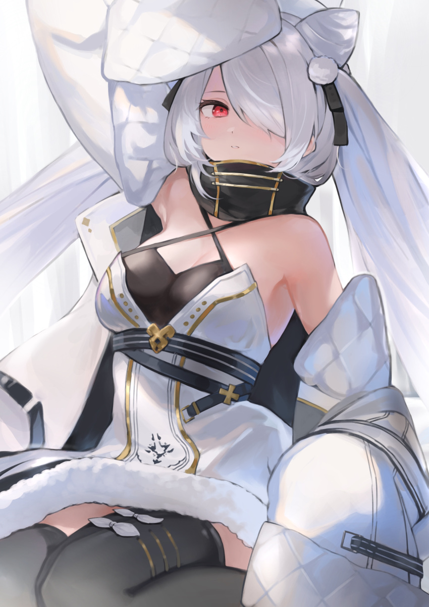 absurdres azur_lane bad_id bad_pixiv_id black_thighhighs breasts catumi_(ta938_ka23) clothing_cutout criss-cross_halter detached_collar dress female fur-trimmed_dress fur_trim gold_trim hair_horns hair_ornament hair_over_one_eye halterneck high_collar highres kiev_(azur_lane) long_hair navel_cutout pom_pom_(clothes) pom_pom_hair_ornament red_eyes small_breasts solo thighhighs twintails very_long_hair very_long_sleeves white_dress white_hair