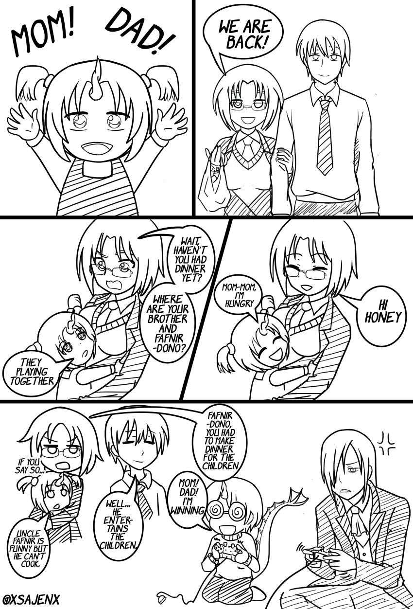 2girls 3boys absurdres bangs breast_grab coke-bottle_glasses elma_(maidragon) english_text fafnir_(maidragon) father_and_daughter father_and_son glasses grabbing highres horns kobayashi-san_chi_no_maidragon mother_and_daughter mother_and_son multiple_boys multiple_girls necktie short_twintails signature single_horn speech_bubble sweater tail takiya_makoto twintails twitter_username xsajenx