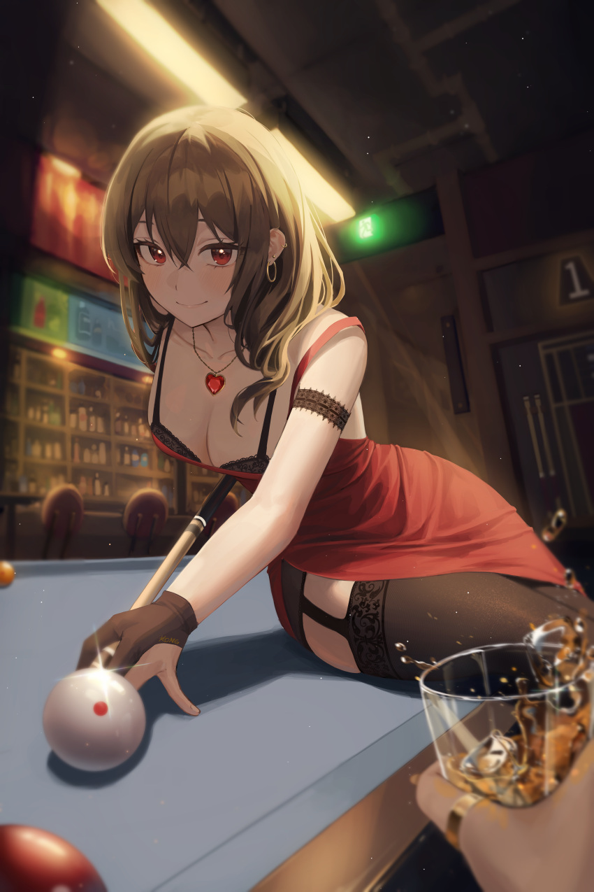 absurdres alcohol artist_name ball bar_(place) billiard_ball billiards black_bra black_gloves black_panties black_thighhighs blush bra breasts brown_hair cleavage cocktail_dress collarbone crossed_bangs cue_stick cup dress earrings english_commentary female garter_straps glint gloves gold_earrings hair_between_eyes heart highres holding holding_cup hoop_earrings indoors jewelry kongsi lace lace-trimmed_legwear lace_bra lace_trim large_breasts long_hair looking_at_viewer original out_of_frame panties pendant pool_table pov pov_hands red_dress red_eyes side_slit sitting sleeveless sleeveless_dress solo_focus spaghetti_strap table thighhighs underwear