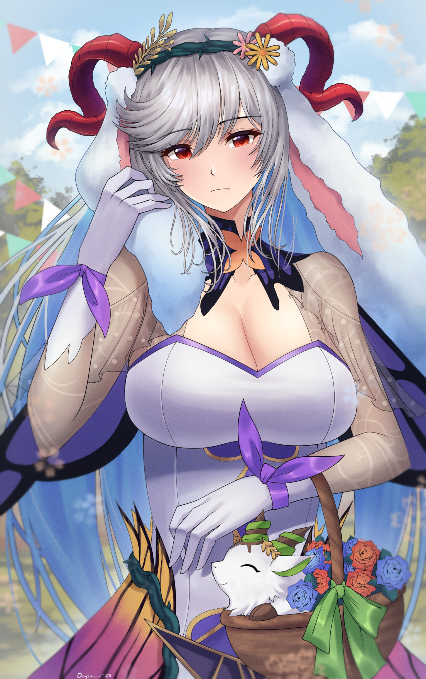 ^_^ absurdres animal_ears artist_name basket blue_flower blue_hair blue_rose blue_sky blush breasts cleavage closed_eyes closed_mouth cloud commentary curled_horns doiparuni dress english_commentary fake_animal_ears female fire_emblem fire_emblem_heroes flower freyja_(fire_emblem) freyja_(spring)_(fire_emblem) gloves goat_horns grey_hair highres holding holding_basket horns large_breasts long_hair looking_at_viewer multicolored_hair official_alternate_costume orange_flower orange_rose outdoors rabbit_ears red_eyes red_horns rose see-through sky smile solo stuffed_animal stuffed_goat stuffed_toy two-tone_hair white_dress white_gloves