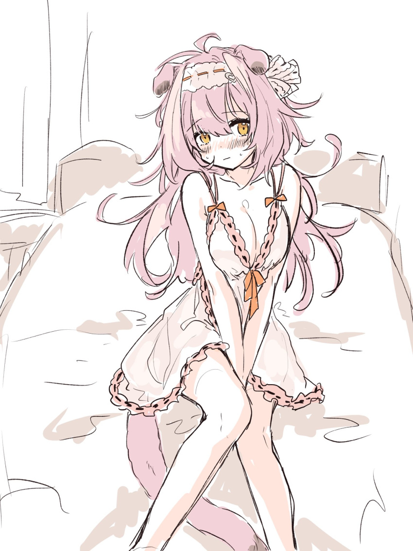 alternate_hairstyle an_fyhx animal_ears arknights bare_legs bare_shoulders bed_sheet between_legs blush breasts cat_ears cat_girl cat_tail cleavage closed_mouth collarbone feet_out_of_frame female goldenglow_(arknights) hair_down hairband hand_between_legs highres indoors large_breasts lingerie lolita_hairband long_hair looking_at_viewer negligee on_bed orange_eyes pink_hair sitting solo tail underwear underwear_only v_arms