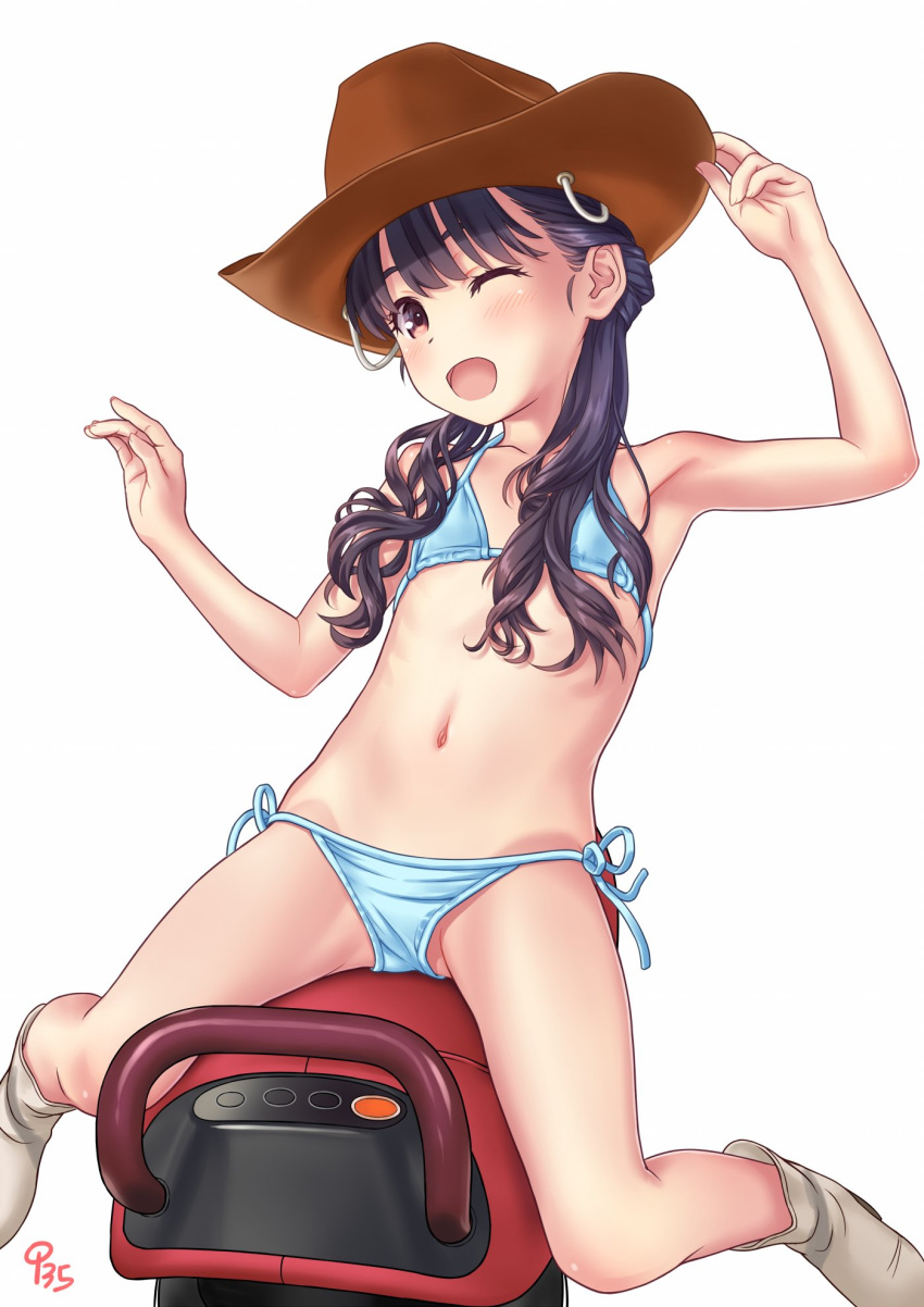 ;d aoi_kumiko bad_id bad_twitter_id bikini black_hair blue_bikini brown_hat cowboy_hat female hair_over_shoulder happy_new_year hat highres inactive_account long_hair new_year one_eye_closed open_mouth original red_eyes riding riding_machine side-tie_bikini_bottom simple_background smile solo swimsuit white_background