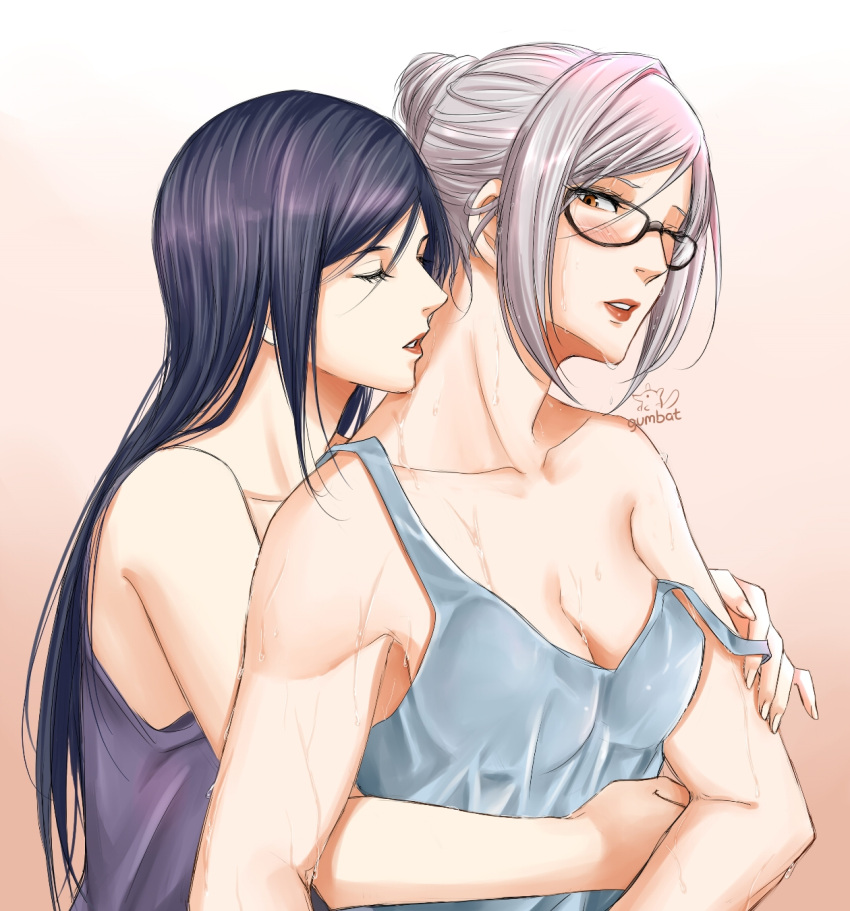 2girls black_hair blush breasts brown_eyes cleavage closed_eyes collarbone glasses gumbat highres holding_person hug hug_from_behind kurihara_mari_(prison_school) multiple_girls one_eye_closed parted_lips prison_school shiraki_meiko signature simple_background strap_slip sweat tank_top tied_hair white_hair yuri