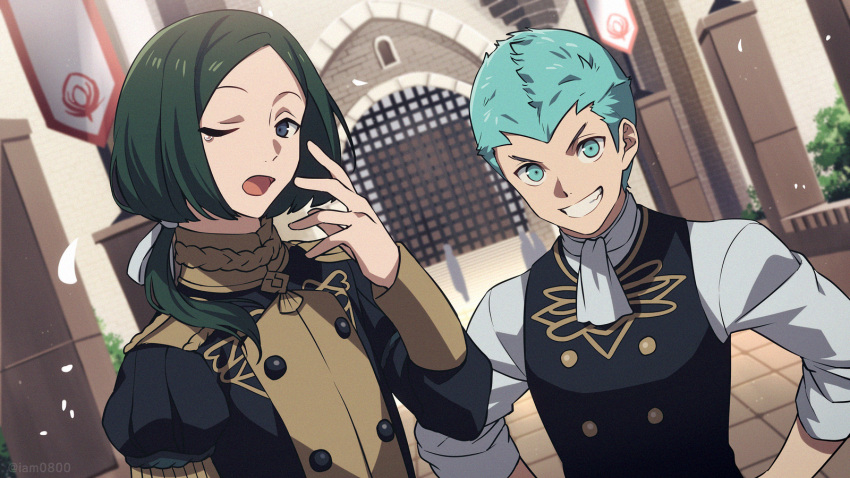 2boys asada_hachi banned_artist banner black_jacket black_vest blue_eyes blue_hair caspar_von_bergliez commentary dutch_angle falling_petals fire_emblem fire_emblem:_three_houses garreg_mach_monastery_uniform green_hair grin hand_up hands_on_hips highres jacket juliet_sleeves linhardt_von_hevring long_sleeves looking_at_viewer low_ponytail male_focus multiple_boys one_eye_closed petals puffy_sleeves shirt short_hair sleeves_rolled_up smile stairs tears tile_floor tiles twitter_username upper_body vest watermark white_shirt yawning