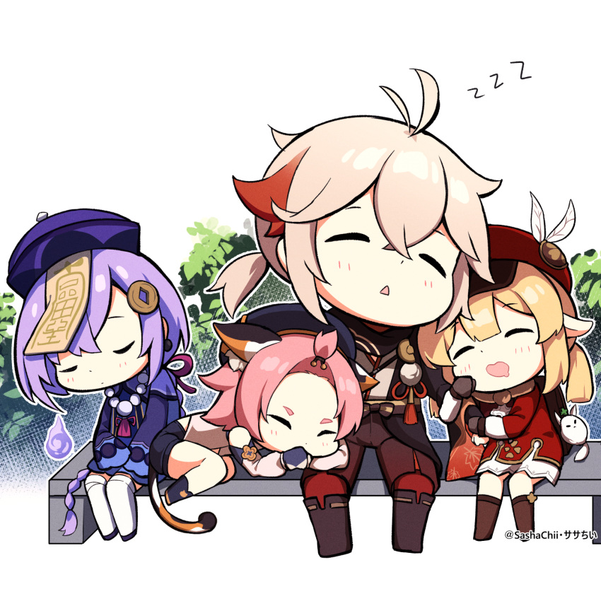 1boy 3girls ahoge animal_ear_fluff animal_ears antenna_hair arm_hug backpack bag bag_charm bangs_pinned_back bead_necklace beads bench black_headwear black_shorts blonde_hair boots braid brown_footwear brown_gloves brown_scarf cabbie_hat cape cat_ears cat_girl cat_tail charm_(object) chibi chinese_clothes clover_print coat coin_hair_ornament commentary_request detached_sleeves diona_(genshin_impact) dodoco_(genshin_impact) forehead genshin_impact gloves grey_hair hair_between_eyes hair_ornament hair_ribbon hat hat_feather hat_ornament highres hitodama japanese_clothes jewelry jiangshi kaedehara_kazuha klee_(genshin_impact) knee_boots light_brown_hair long_hair long_sleeves low_ponytail low_twintails multicolored_hair multiple_girls necklace ofuda park_bench pink_hair pointy_ears puffy_detached_sleeves puffy_shorts puffy_sleeves purple_hair qingdai_guanmao qiqi_(genshin_impact) randoseru red_coat red_headwear ribbon sasha_chii scarf short_hair shorts sidelocks single_braid sitting sleeping streaked_hair tail thighhighs twintails twitter_username two-tone_hair white_legwear zzz