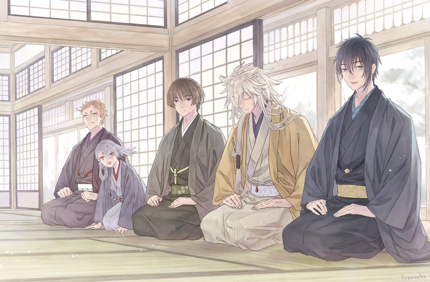 5boys black_hair blue_eyes brown_hair closed_eyes eyes_visible_through_hair grey_eyes haori highres ima-no-tsurugi ishikirimaru iwatooshi japanese_clothes kimono kogitsunemaru male_focus mikazuki_munechika multiple_boys open_mouth orange_hair red_eyes seiza sitting sliding_doors smile suzuneko-rin tatami touken_ranbu white_hair