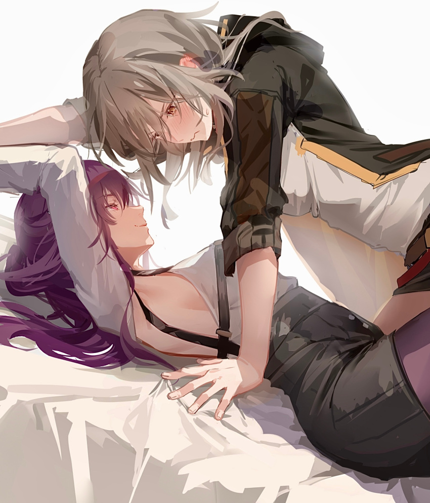 2girls averting_eyes black_jacket blush closed_mouth clouble ear_blush grey_hair highres honkai:_star_rail honkai_(series) jacket kafka_(honkai:_star_rail) long_hair looking_at_another multiple_girls open_clothes open_hand open_jacket purple_eyes purple_hair stelle_(honkai:_star_rail) trailblazer_(honkai:_star_rail) wavy_mouth yellow_eyes yuri